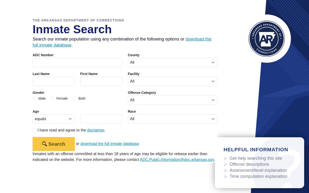 Arkansas Department of Corrections official inmate search screen