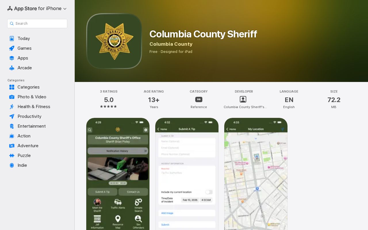 Columbia County Sheriff Apple App Store listing