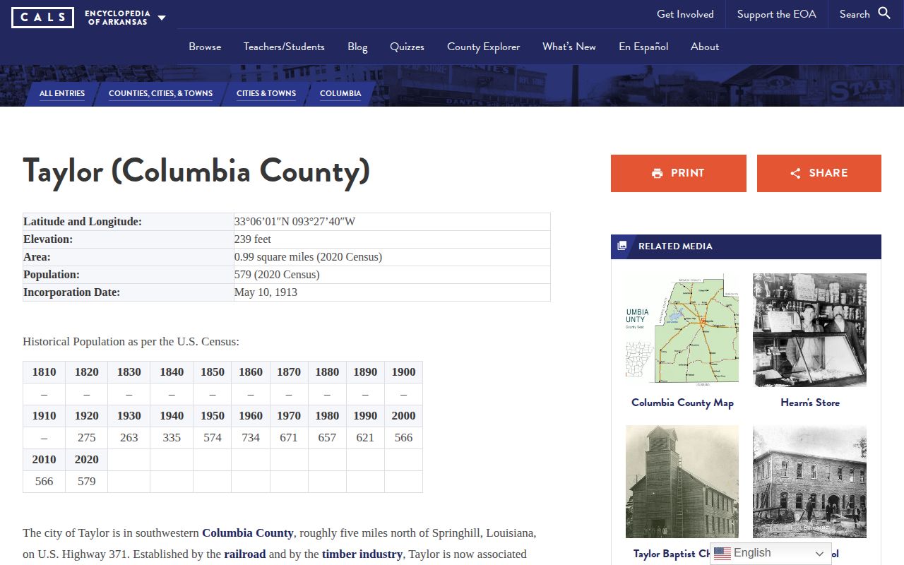Encyclopedia of Arkansas source for Taylor recent arrests city context