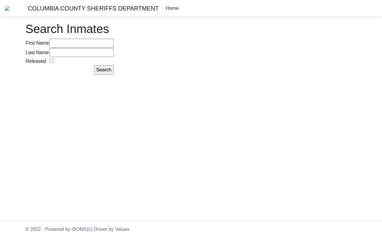 Official Columbia County ISOMS inmate search form with name and released controls