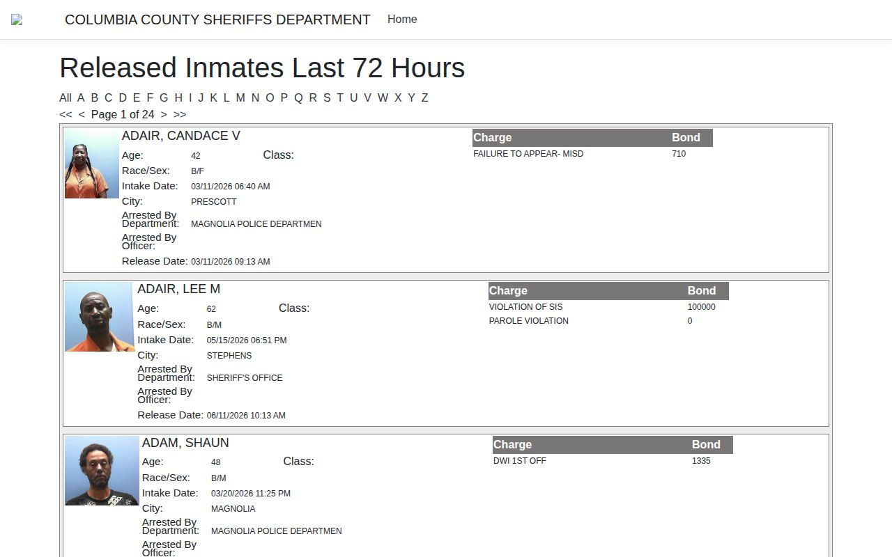 Official Columbia County ISOMS released inmates in the last 72 hours screen