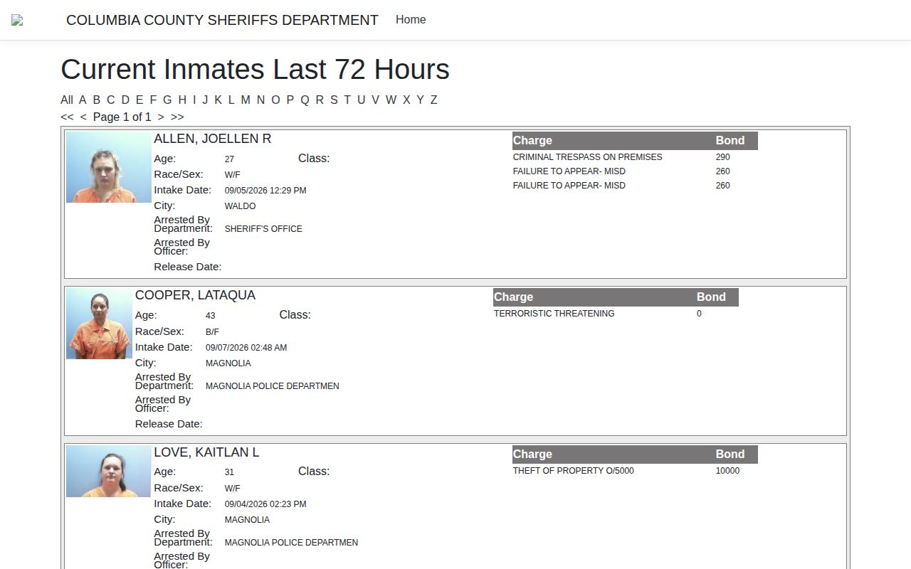 Official Columbia County ISOMS current inmates in the last 72 hours screen