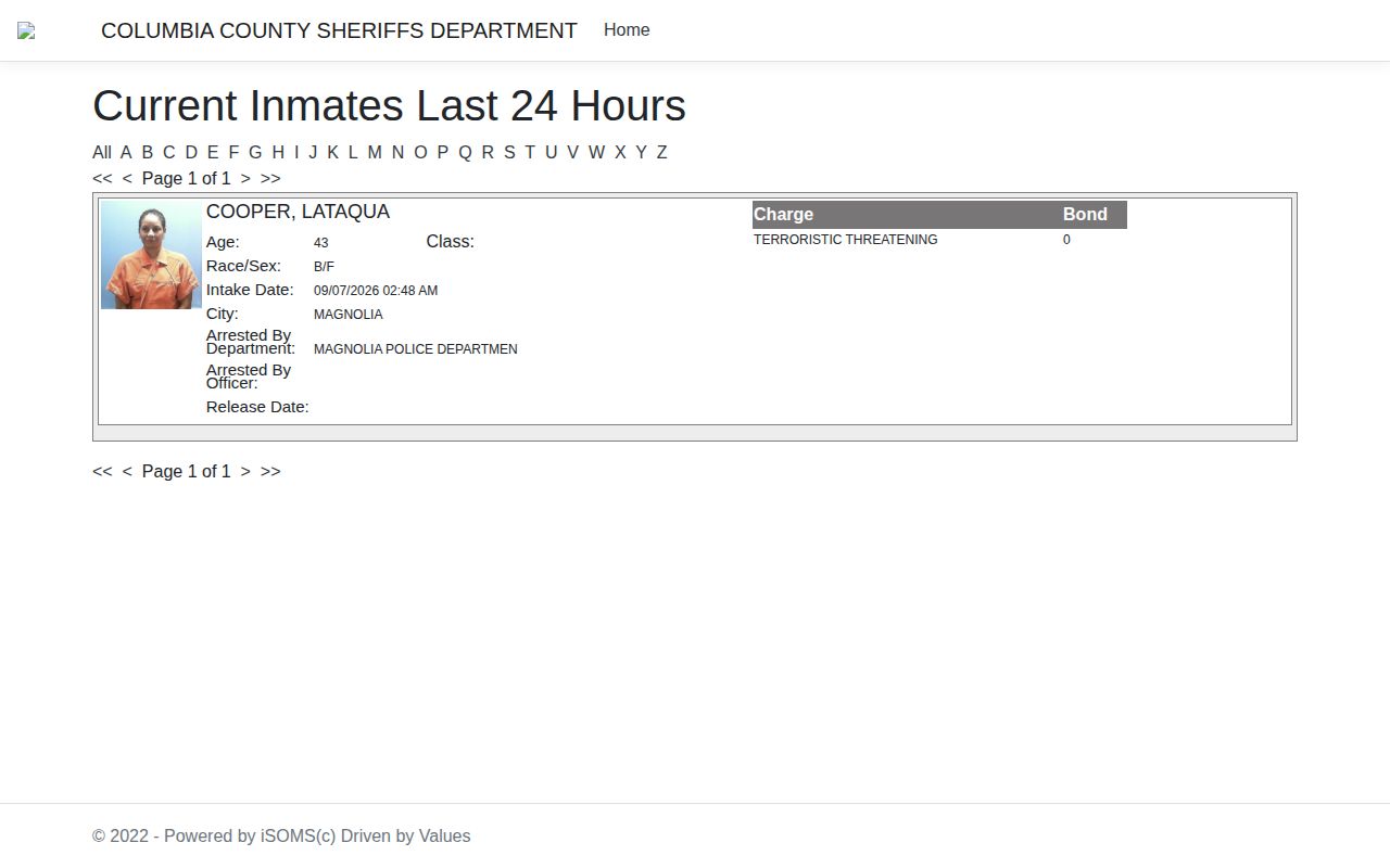 Official Columbia County ISOMS current inmates in the last 24 hours screen