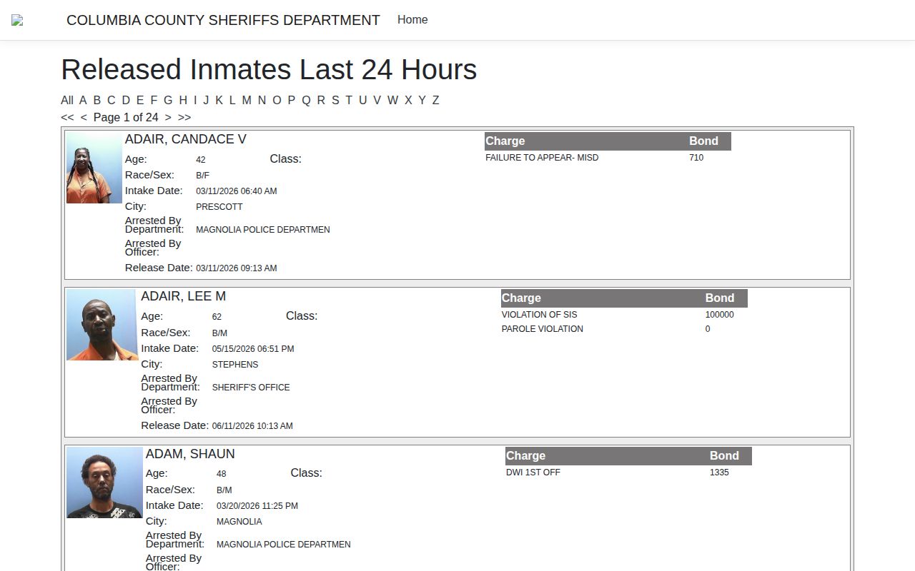 Official Columbia County ISOMS released inmates in the last 24 hours screen