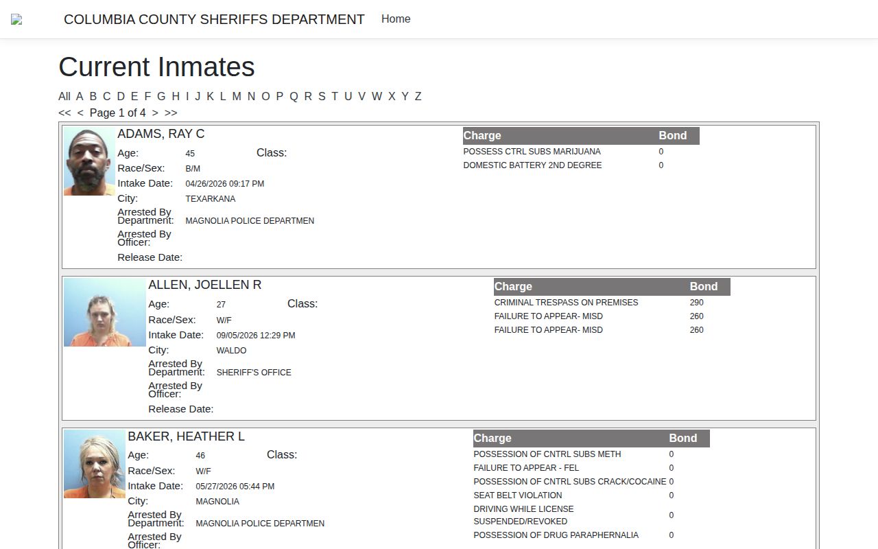 Official Columbia County ISOMS current jail roster interface
