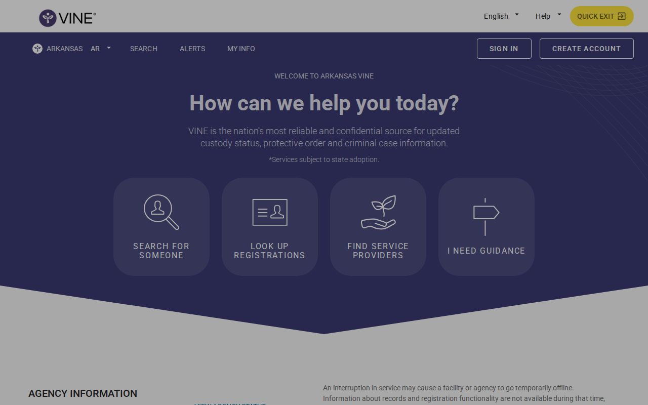 Official Arkansas VINELink search interface for custody information and alerts