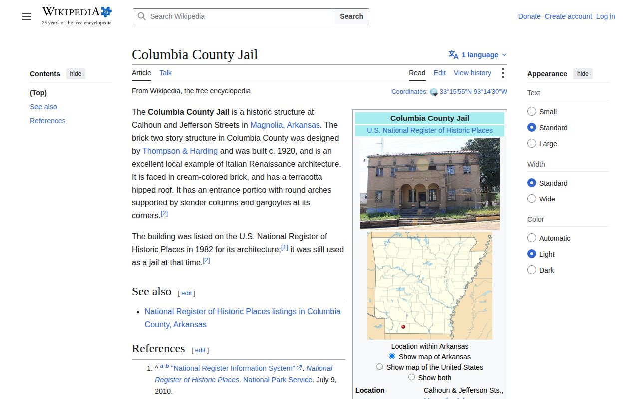 Historic Columbia County Jail reference page